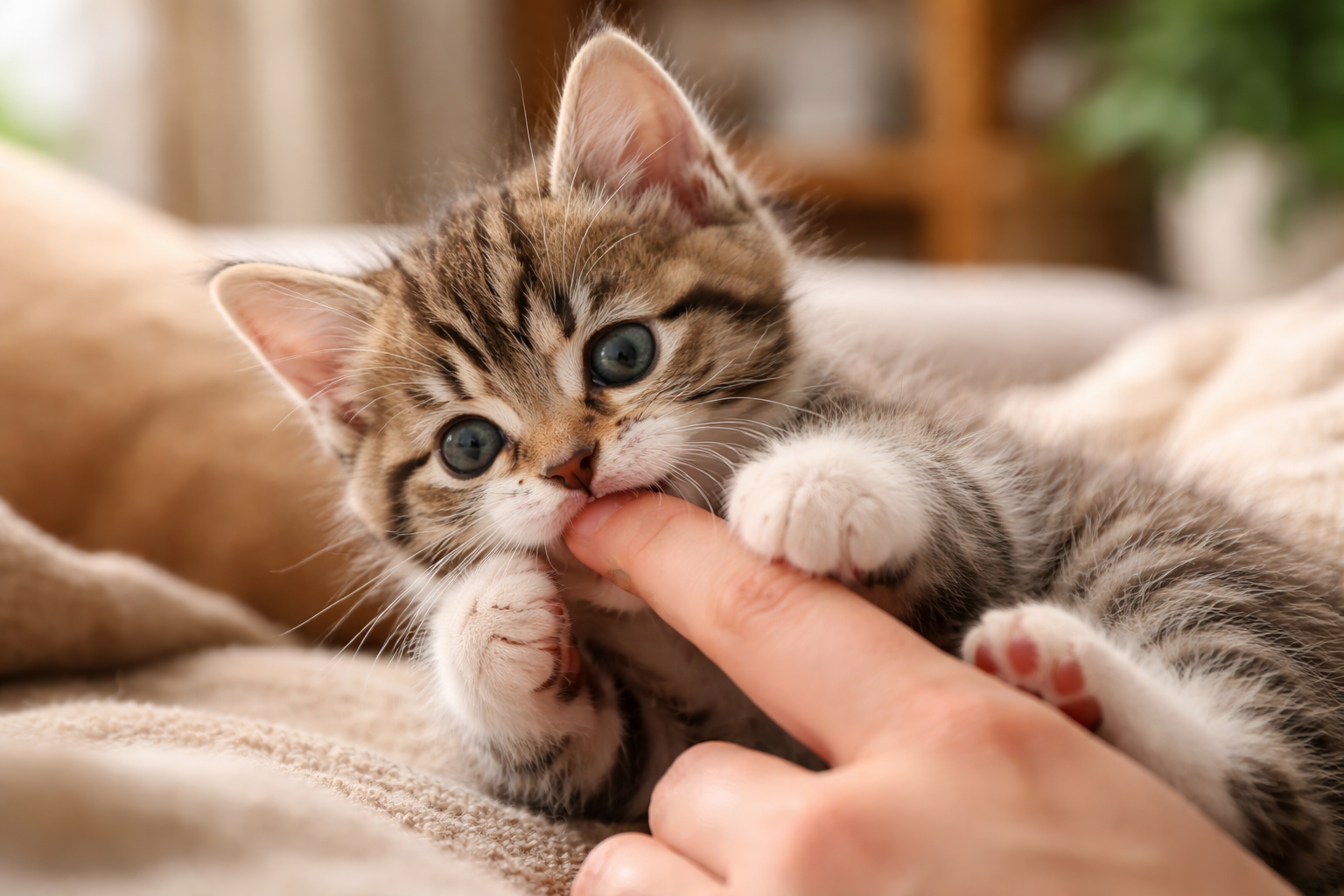 子猫の甘噛みは「生後3〜6ヶ月がピーク」で、6ヶ月〜1歳頃に減ることが多いんですね