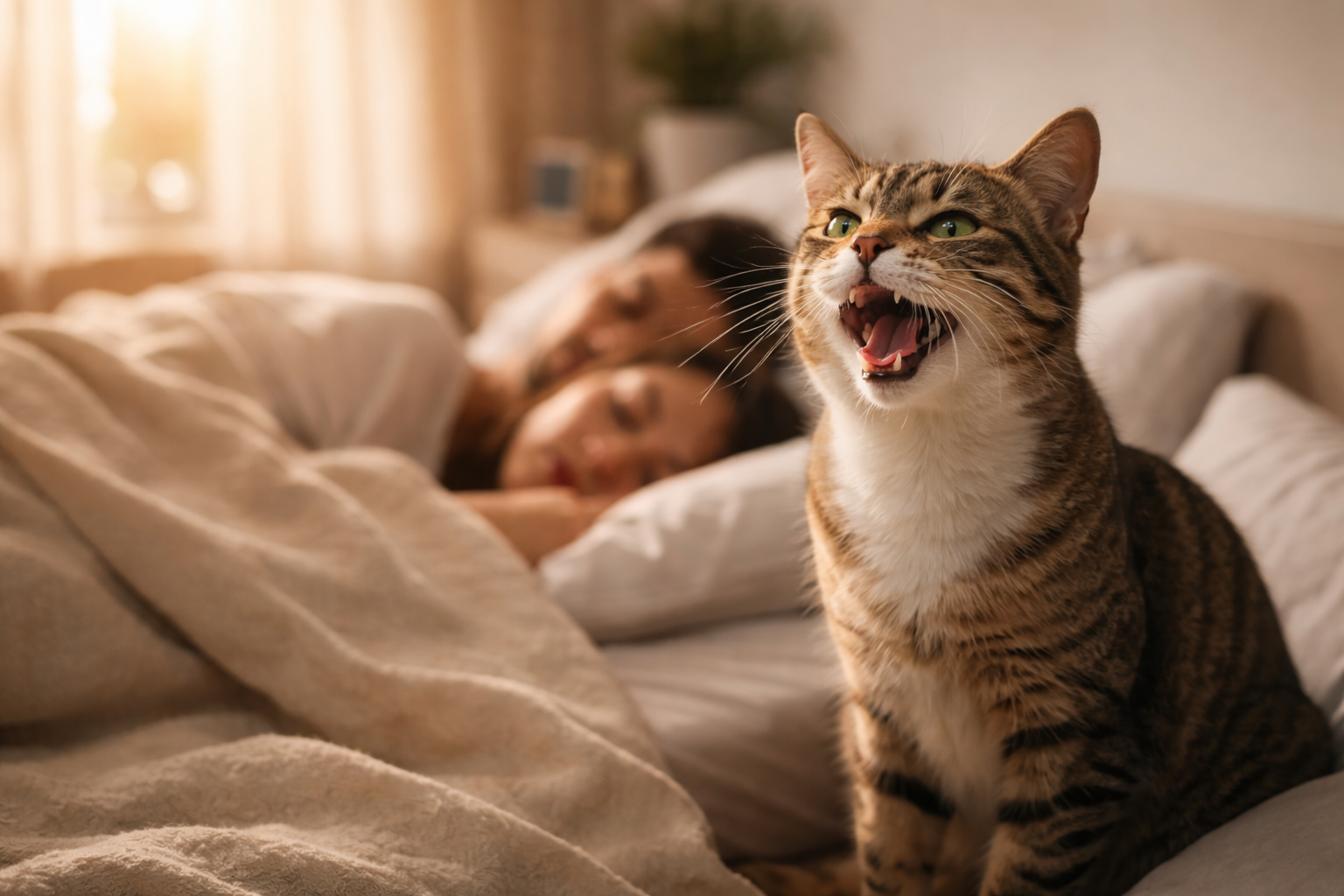 猫さんが明け方に鳴くのは、いくつか理由が重なりやすいんです